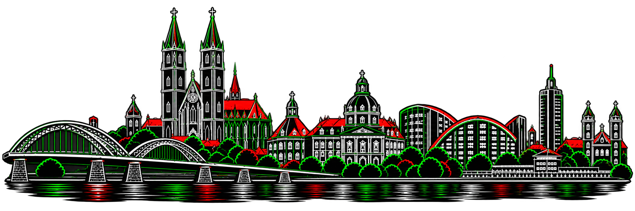 Skyline mit grünen und roten Neonakzenten