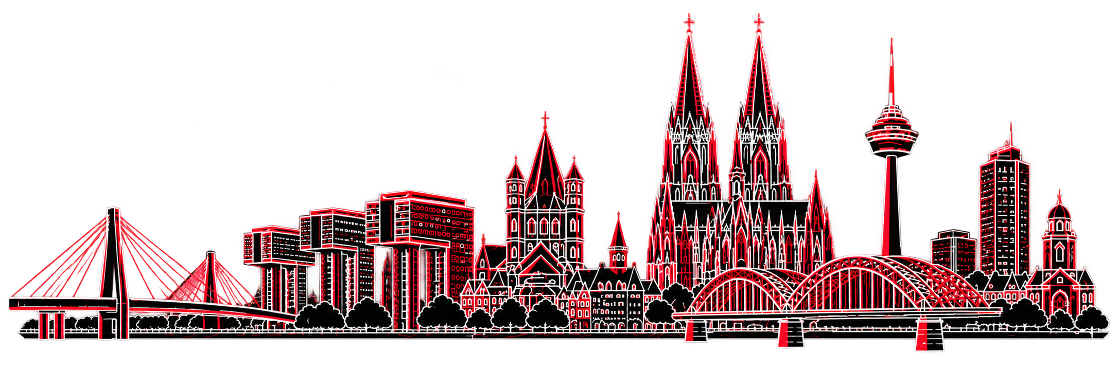 Kölner Skyline mit Dom und roten Neonakzenten