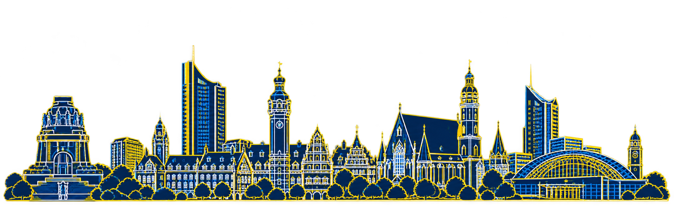 Leipziger Skyline mit gelben und blauen Neonakzenten