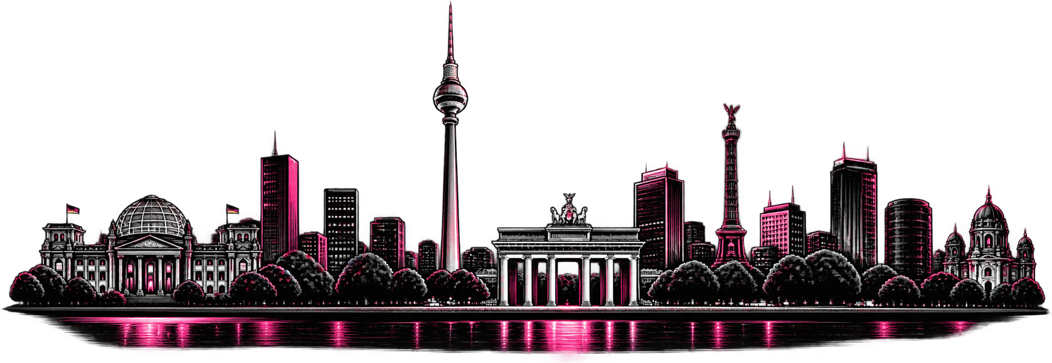Berliner Skyline mit pinken Lichtreflexionen am Fluss