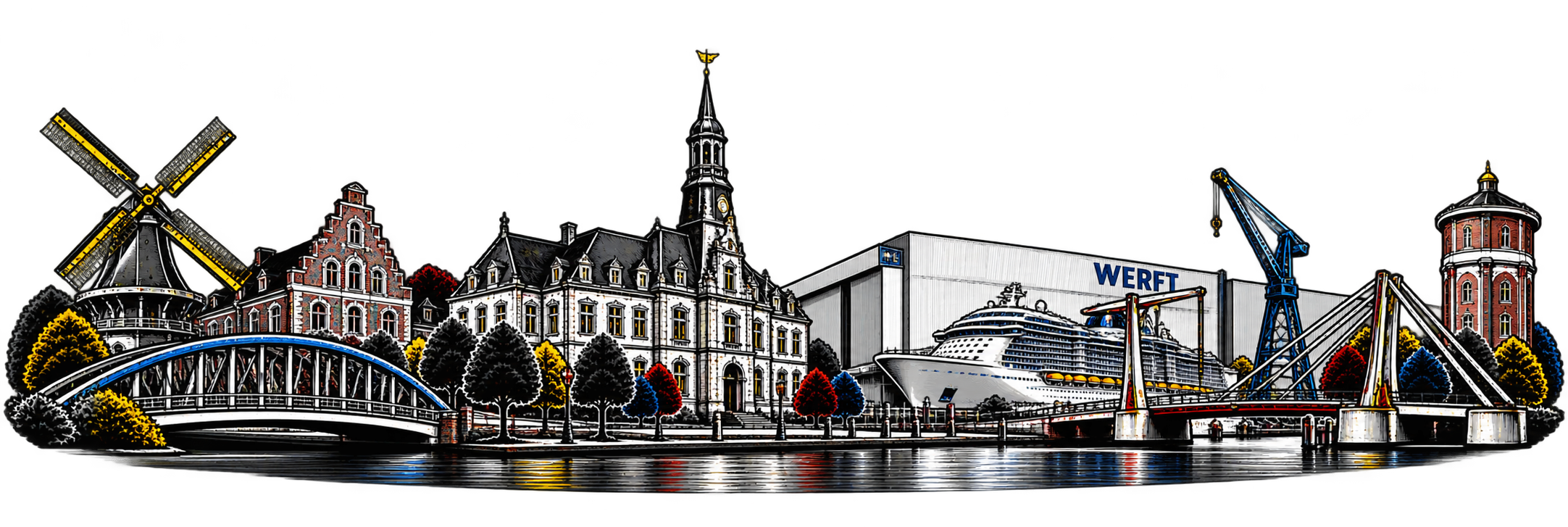 Papenburger Skyline mit Mühle, Brücken und Werft