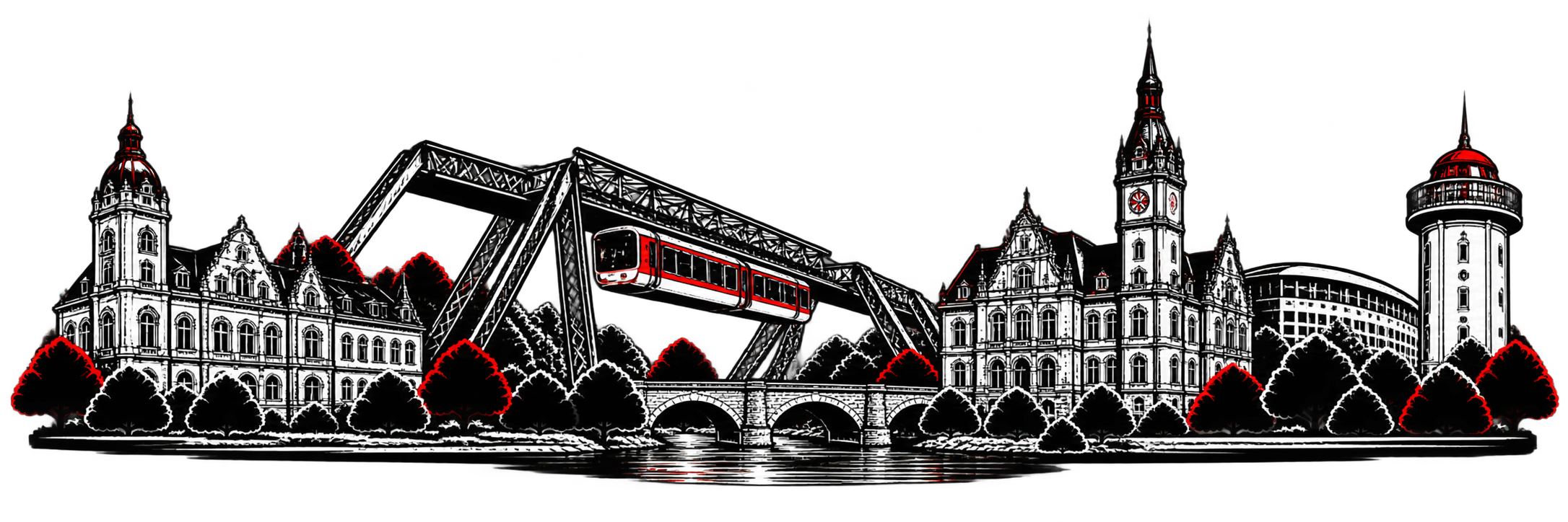 Wuppertaler Skyline mit Schwebebahn und roten Akzenten