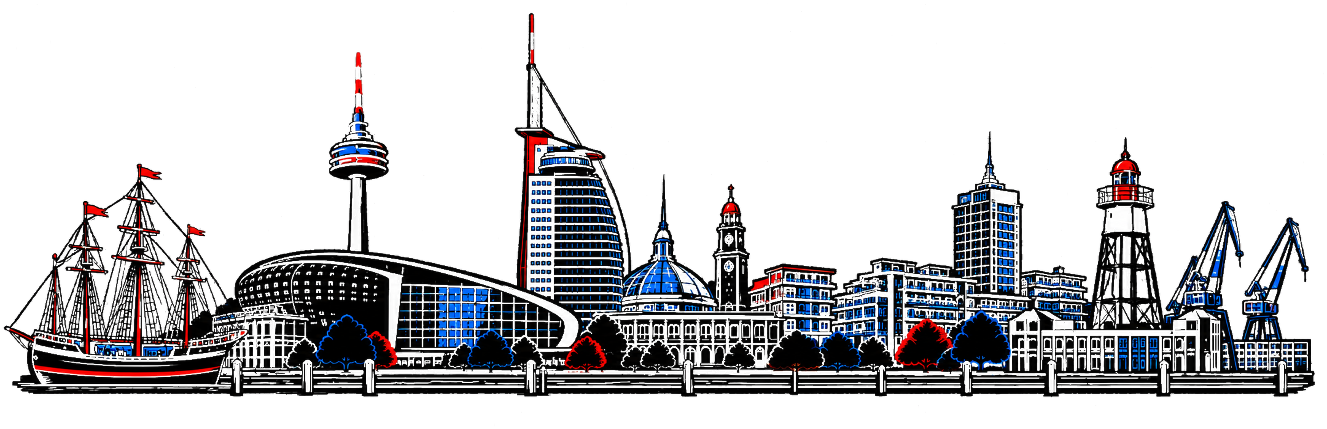 Bremerhavener Skyline mit blauen und roten Neonakzenten